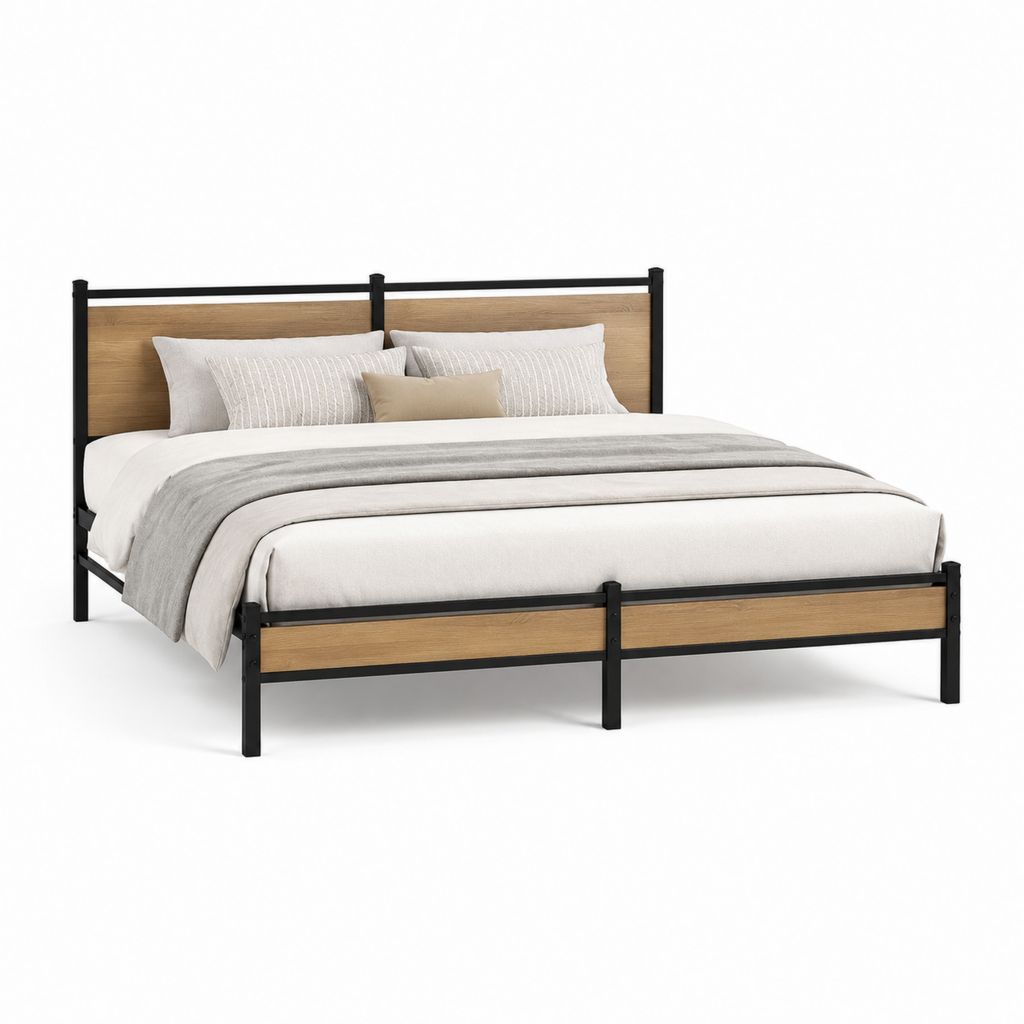 Letto matrimoniale con struttura in acciaio nero e pannelli in MDF rovere rettangolare 166 x 210 x 100 cm per materasso 160 x 200 cm