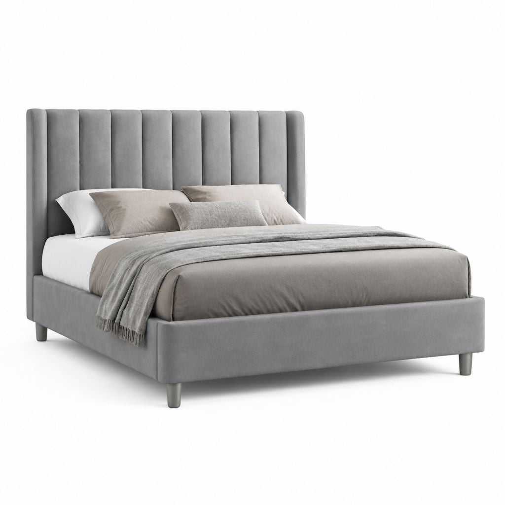 Letto matrimoniale imbottito grigio in velluto di poliestere 160 x 200 cm con testiera alta a pannelli verticali