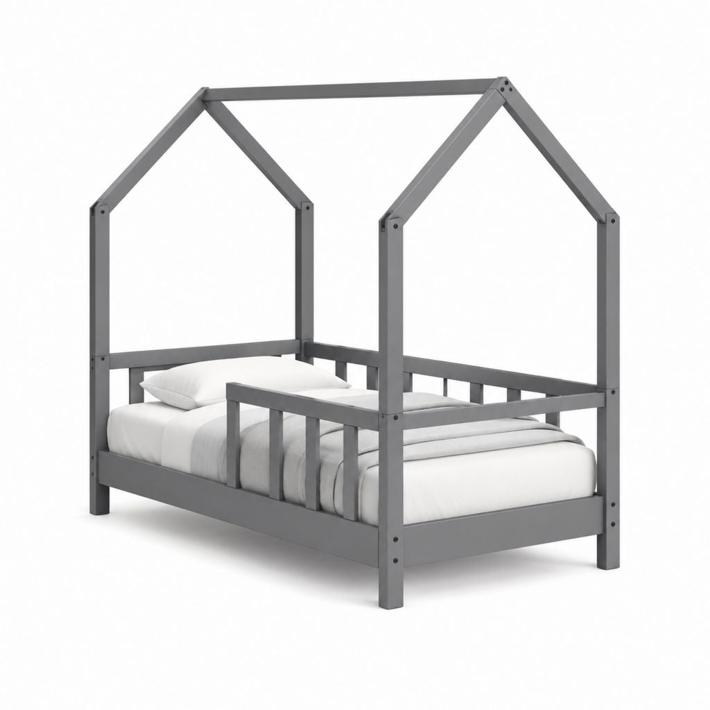 Letto singolo per bambini a casetta grigio in legno massello di pino 90 x 200 cm