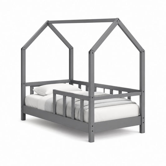 Letto singolo per bambini a casetta grigio in legno massello di pino 90 x 200 cm