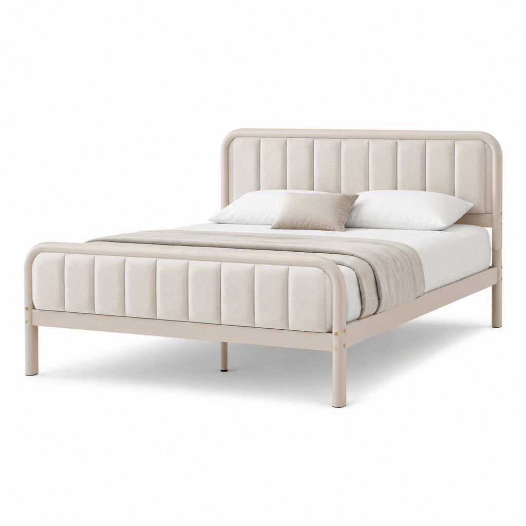 Letto matrimoniale imbottito beige con struttura in acciaio e rivestimento in poliestere 160 x 200 cm