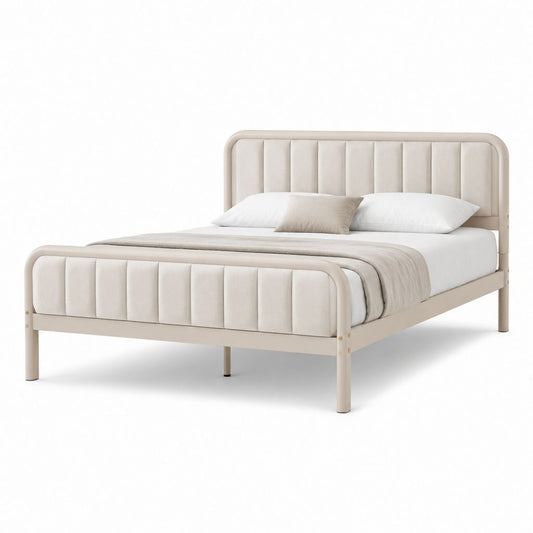 Letto matrimoniale imbottito beige con struttura in acciaio e rivestimento in poliestere 160 x 200 cm