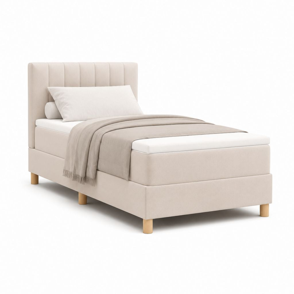 Letto singolo imbottito beige in poliestere con testiera rettangolare 90 x 200 cm
