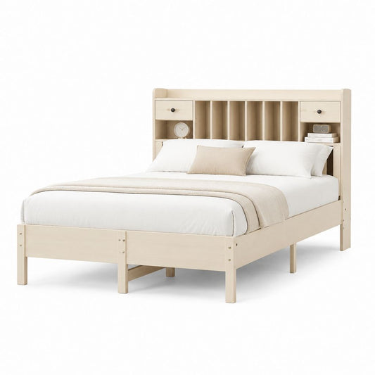 Letto matrimoniale con testiera contenitore beige in legno massello di pino 170 x 218 x 150 cm per materasso 160 x 200 cm