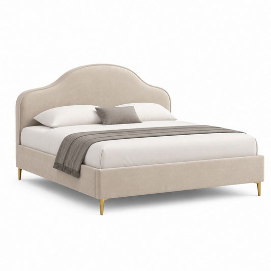 Letto matrimoniale imbottito beige in velluto di poliestere con testiera sagomata 160 x 200 cm