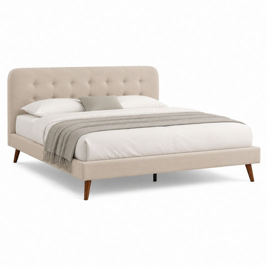Letto matrimoniale imbottito beige in poliestere con testiera capitonné 160 x 200 cm