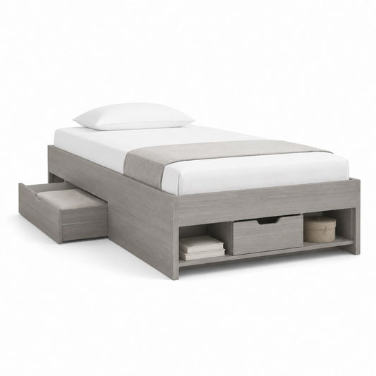 Letto singolo con contenitore grigio rovere in pannelli truciolari 90 x 190 cm