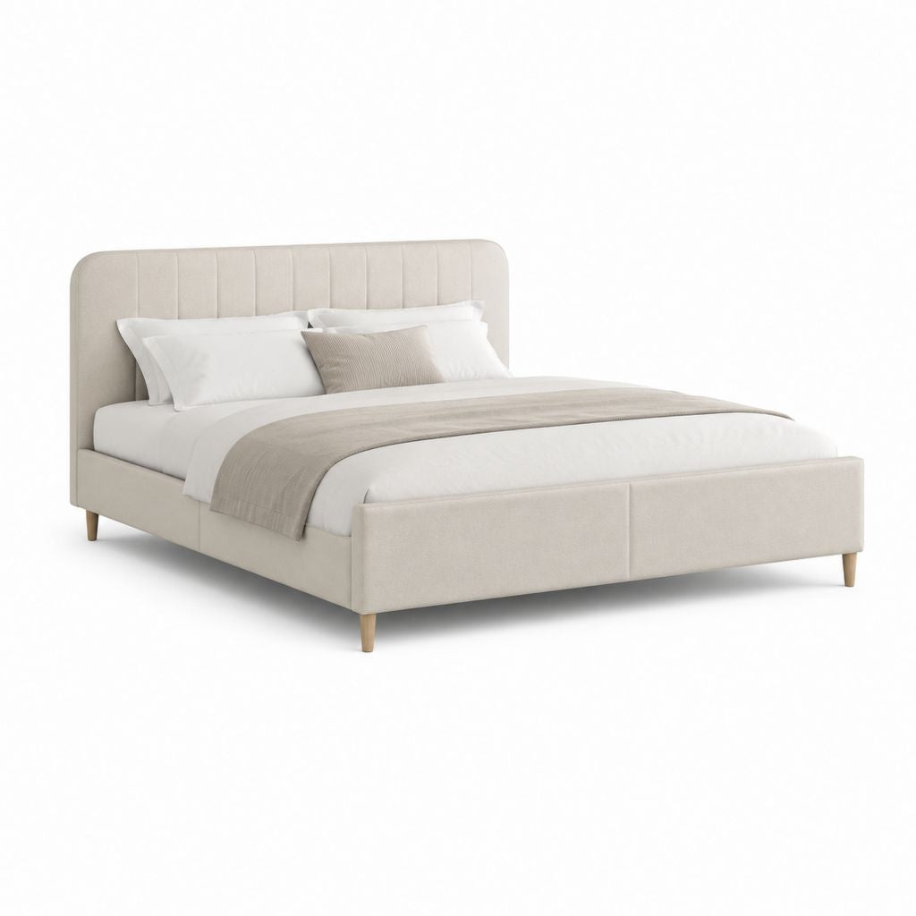 Letto matrimoniale imbottito beige in poliestere 160 x 200 cm con testiera alta