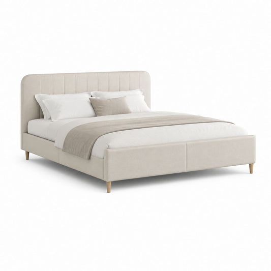 Letto matrimoniale imbottito beige in poliestere 160 x 200 cm con testiera alta