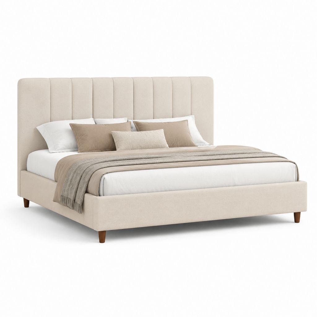 Letto matrimoniale imbottito beige in poliestere con testiera verticale 160 x 200 cm