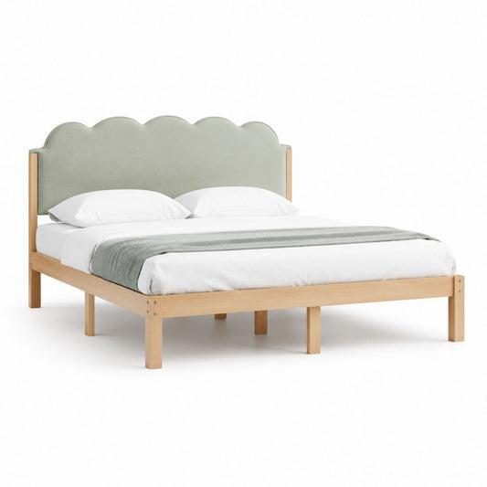 Letto matrimoniale con testiera sagomata verde in legno massello e poliestere 160 x 200 cm