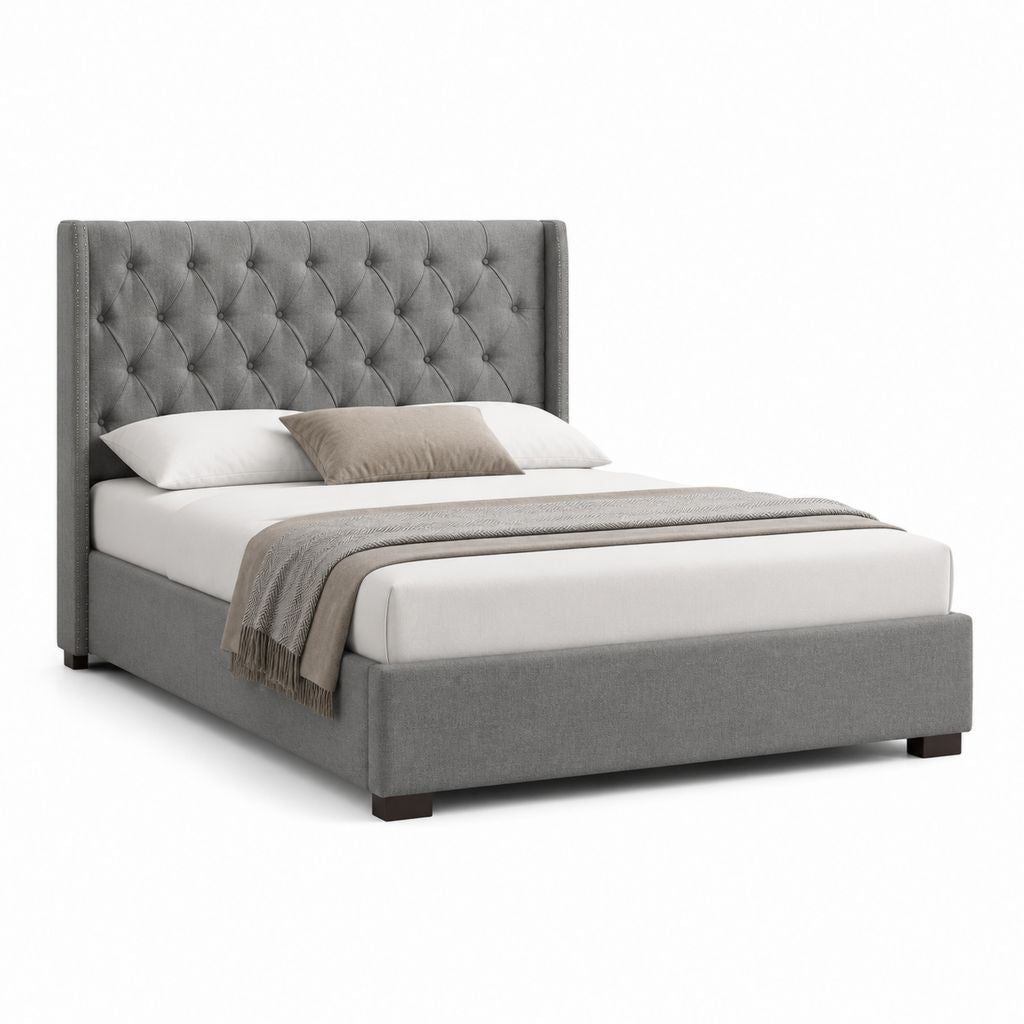 Letto matrimoniale imbottito grigio in poliestere con testiera capitonné 160 x 200 cm
