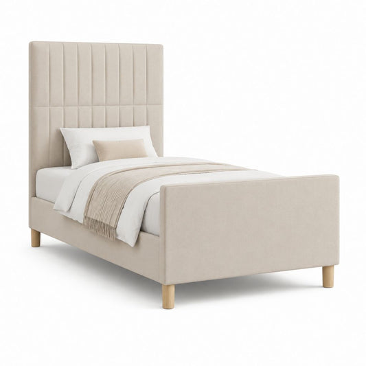 Letto singolo imbottito beige in poliestere con testiera alta 90 x 200 cm