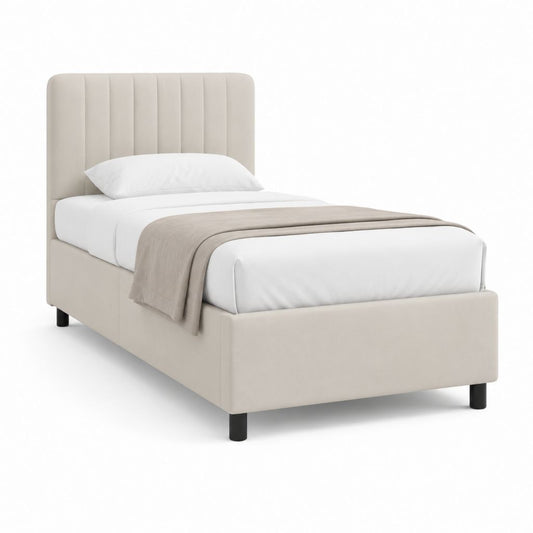 Letto singolo imbottito beige in poliestere con testiera a pannelli verticali 90 x 200 cm